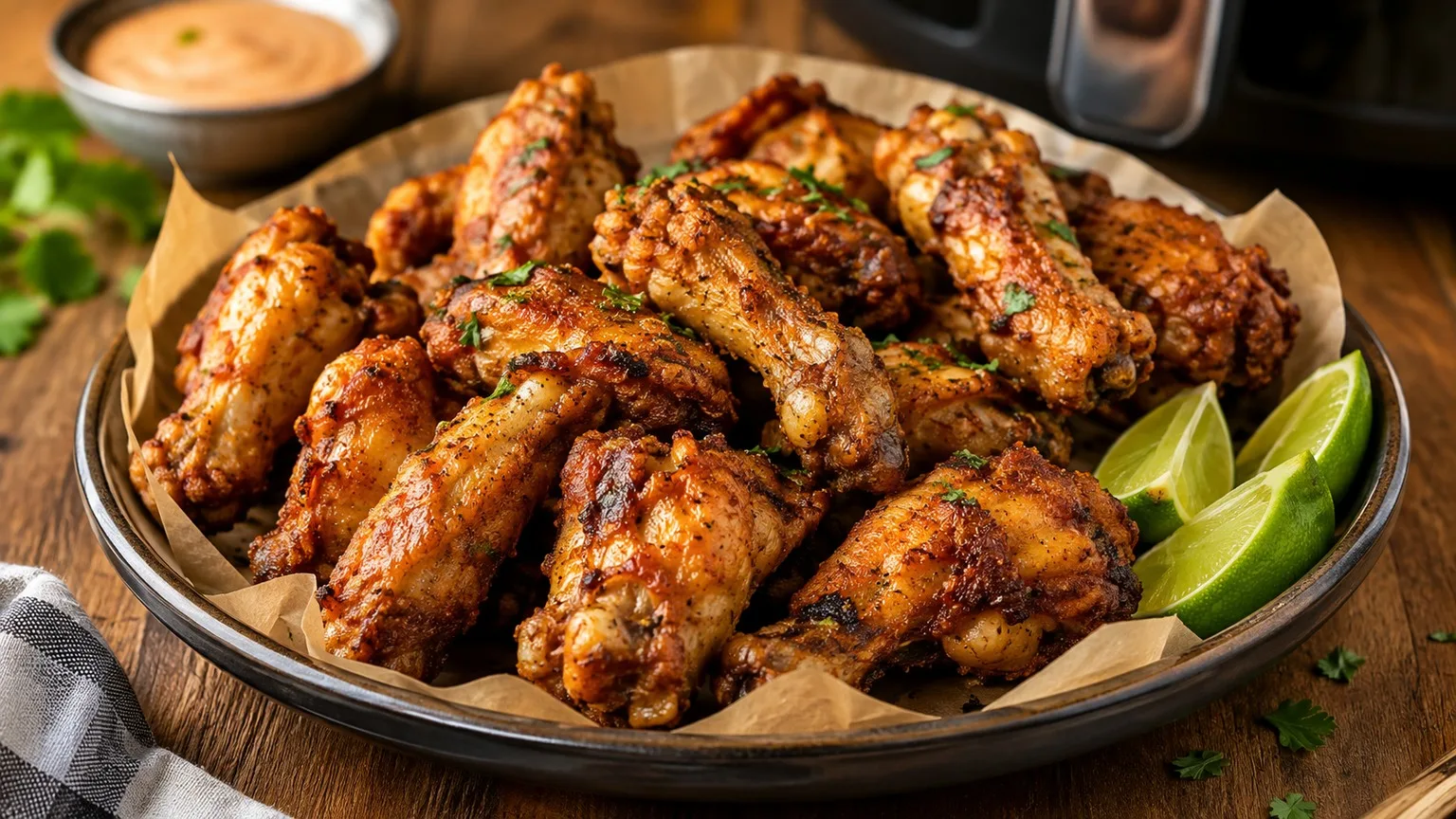 Porção de frango à passarinho dourado e crocante em travessa com papel, gomos de limão e ervas, com Air Fryer desfocada ao fundo.