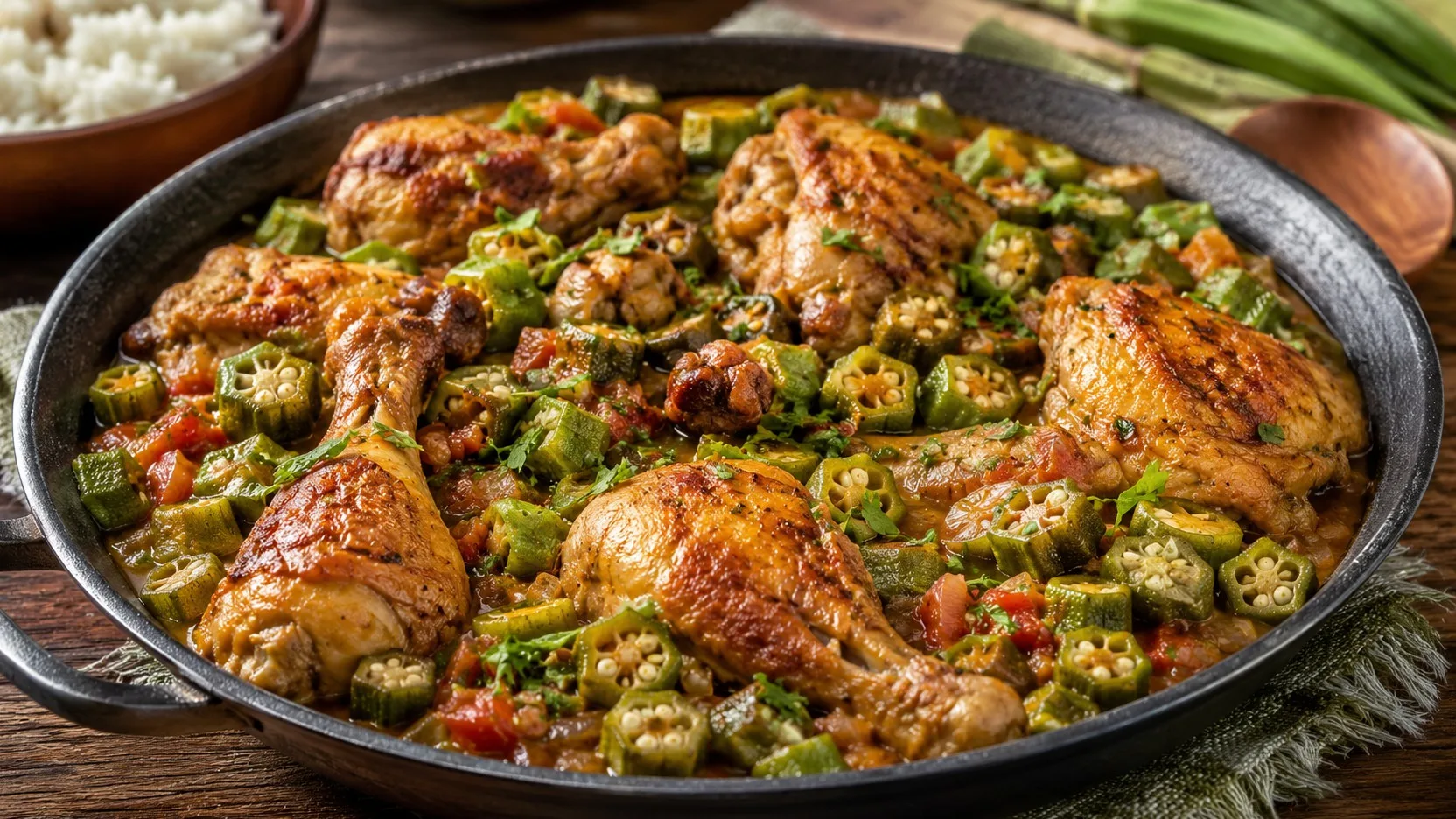 Frango com quiabo mineiro em panela de ferro, com pedaços de frango bem dourados, quiabo em rodelas, tomate e cheiro-verde, servido com arroz ao fundo.