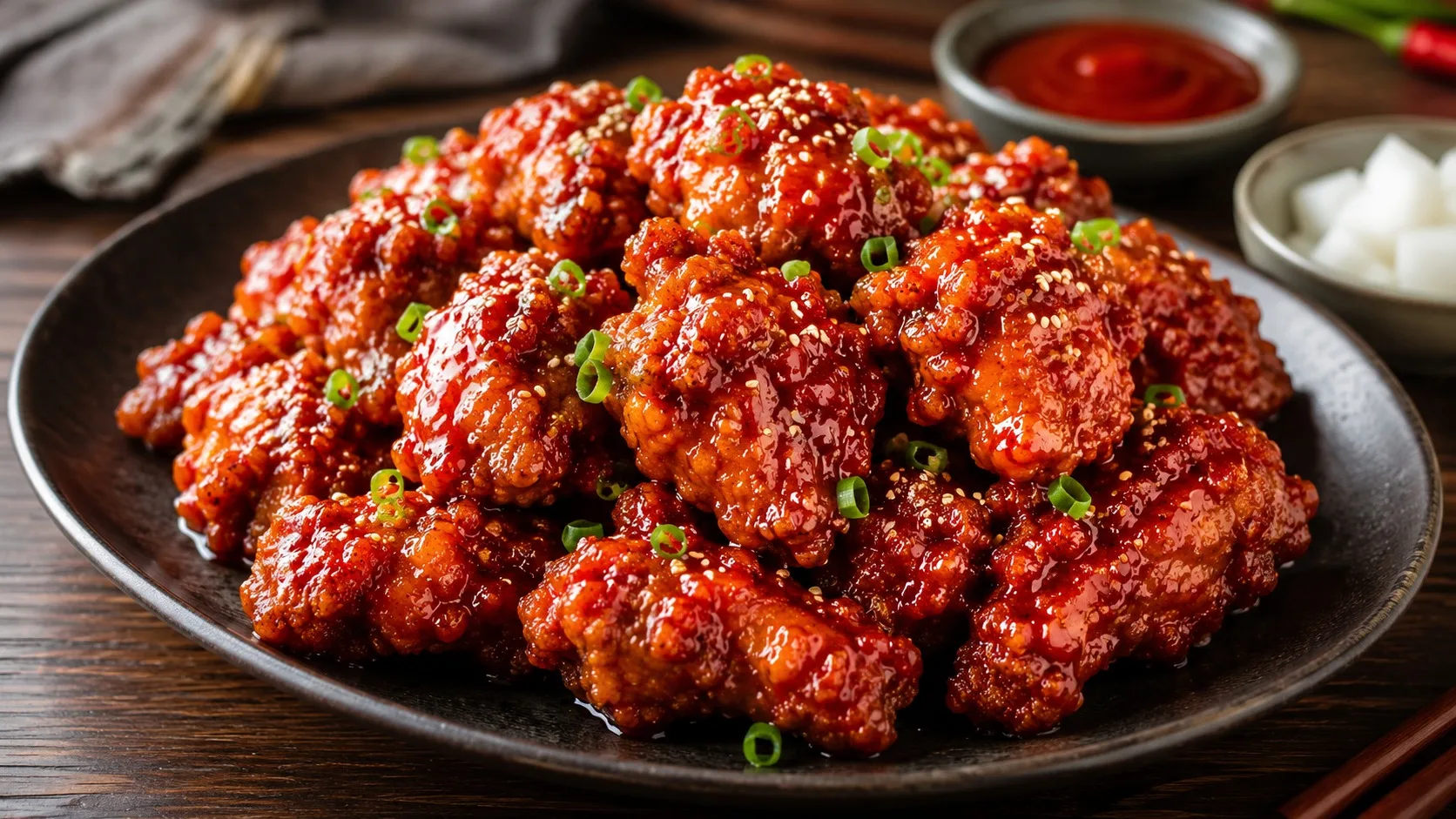Prato escuro com pedaços de frango frito coreano cobertos por molho vermelho brilhante de gochujang, finalizados com gergelim e cebolinha.