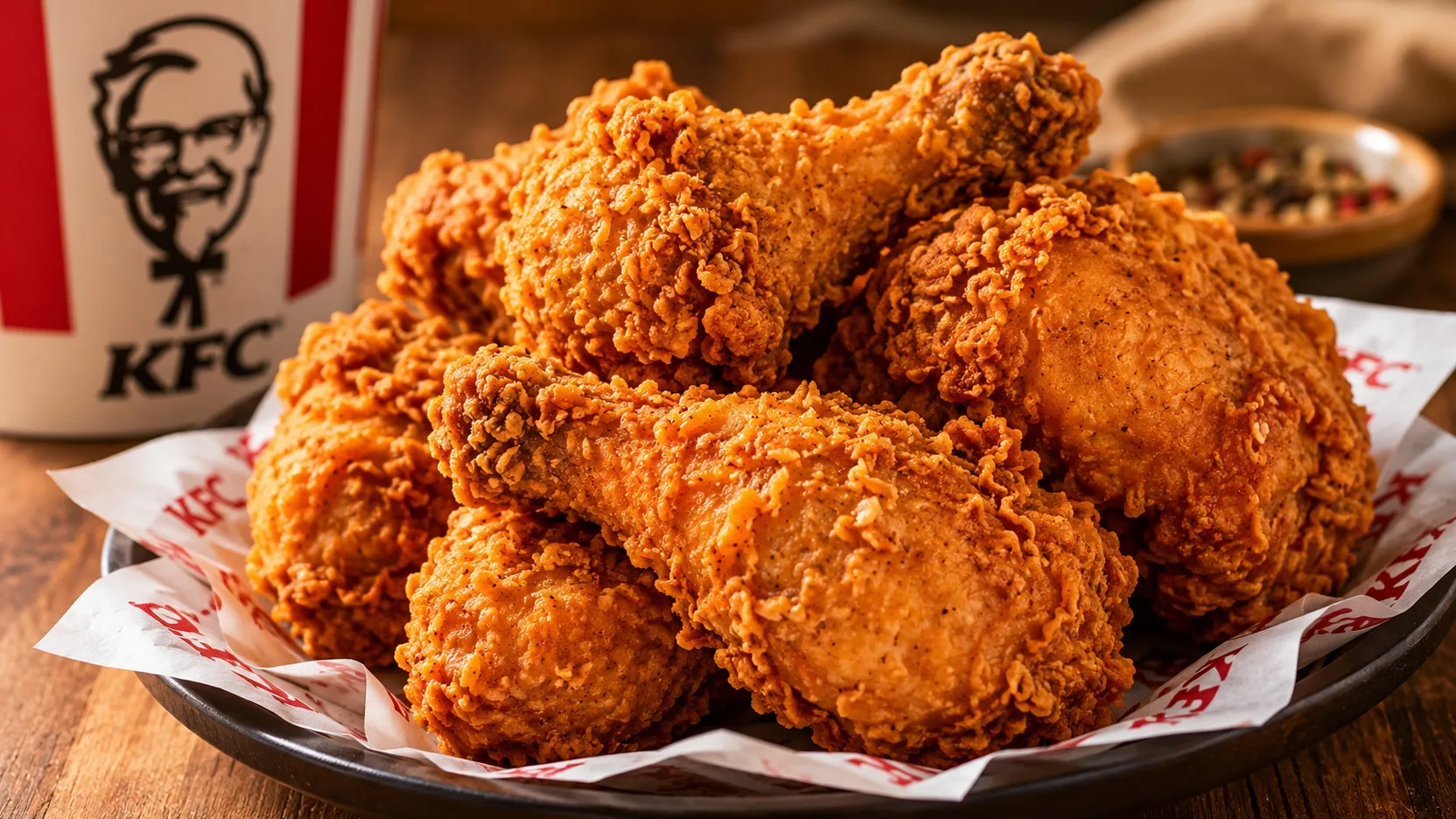 Pedaços de frango frito dourados e crocantes empilhados em uma travessa, com papel vermelho e branco e um balde da KFC desfocado ao fundo.