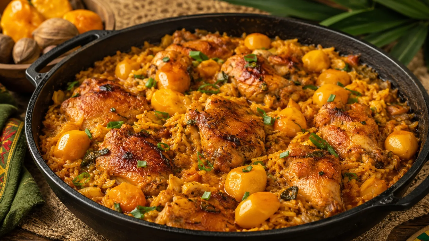Galinhada goiana com pequi em frigideira de ferro, com arroz amarelo, pedaços de frango dourados, pequis inteiros e cheiro-verde.