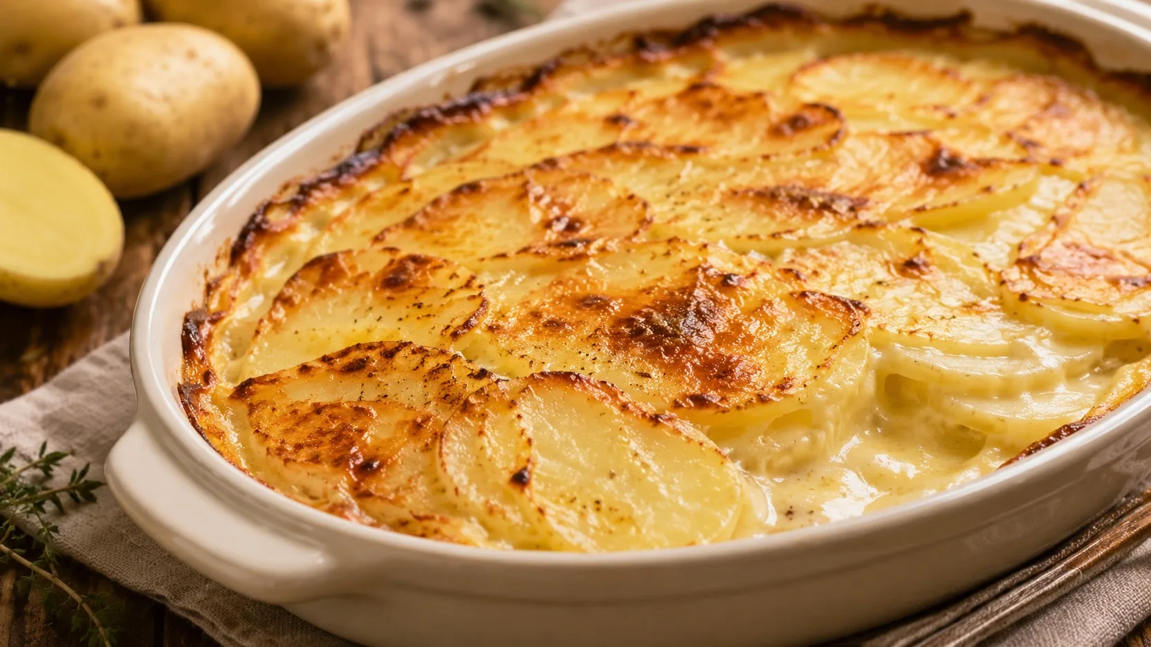 Gratin dauphinois em travessa oval branca, com fatias finas de batata envolvidas em creme e superfície dourada, sobre mesa de madeira.