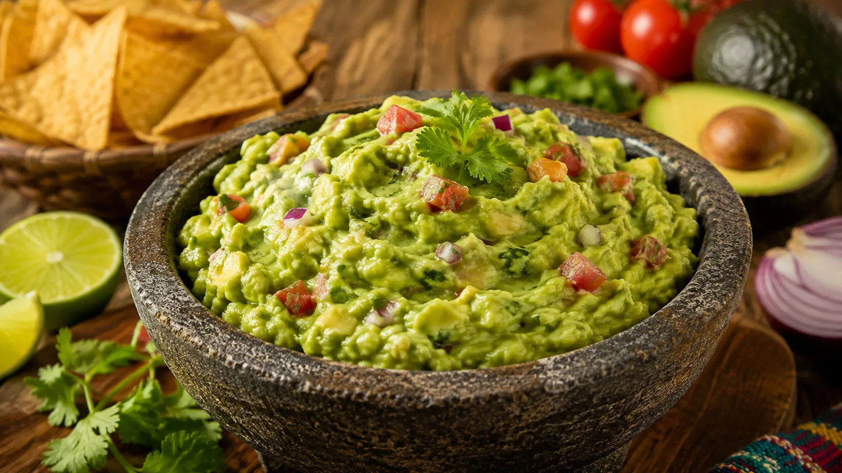Tigela de pedra com guacamole verde e rústico, com pedaços de tomate e cebola roxa, decorado com coentro e cercado por chips de tortilla, limão e avocado.