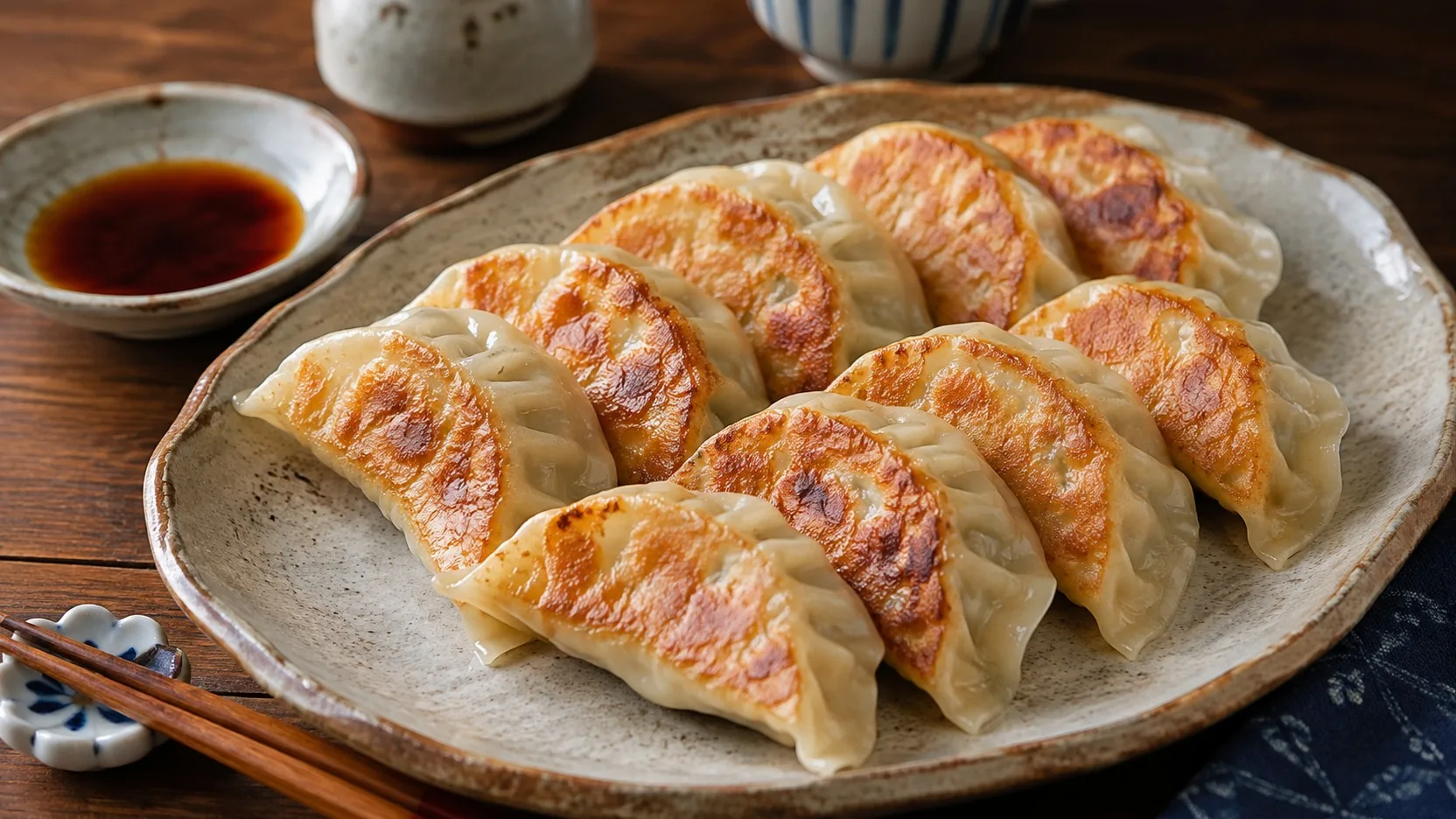 Gyozas japoneses com dobras visíveis e base dourada e crocante, servidos em prato de cerâmica com molho escuro ao lado.