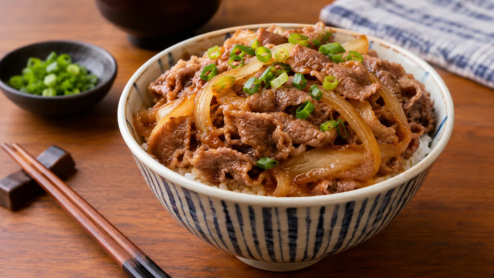 Tigela de gyudon com arroz branco, fatias finas de carne bovina e cebola em molho brilhante, finalizada com cebolinha sobre mesa de madeira.