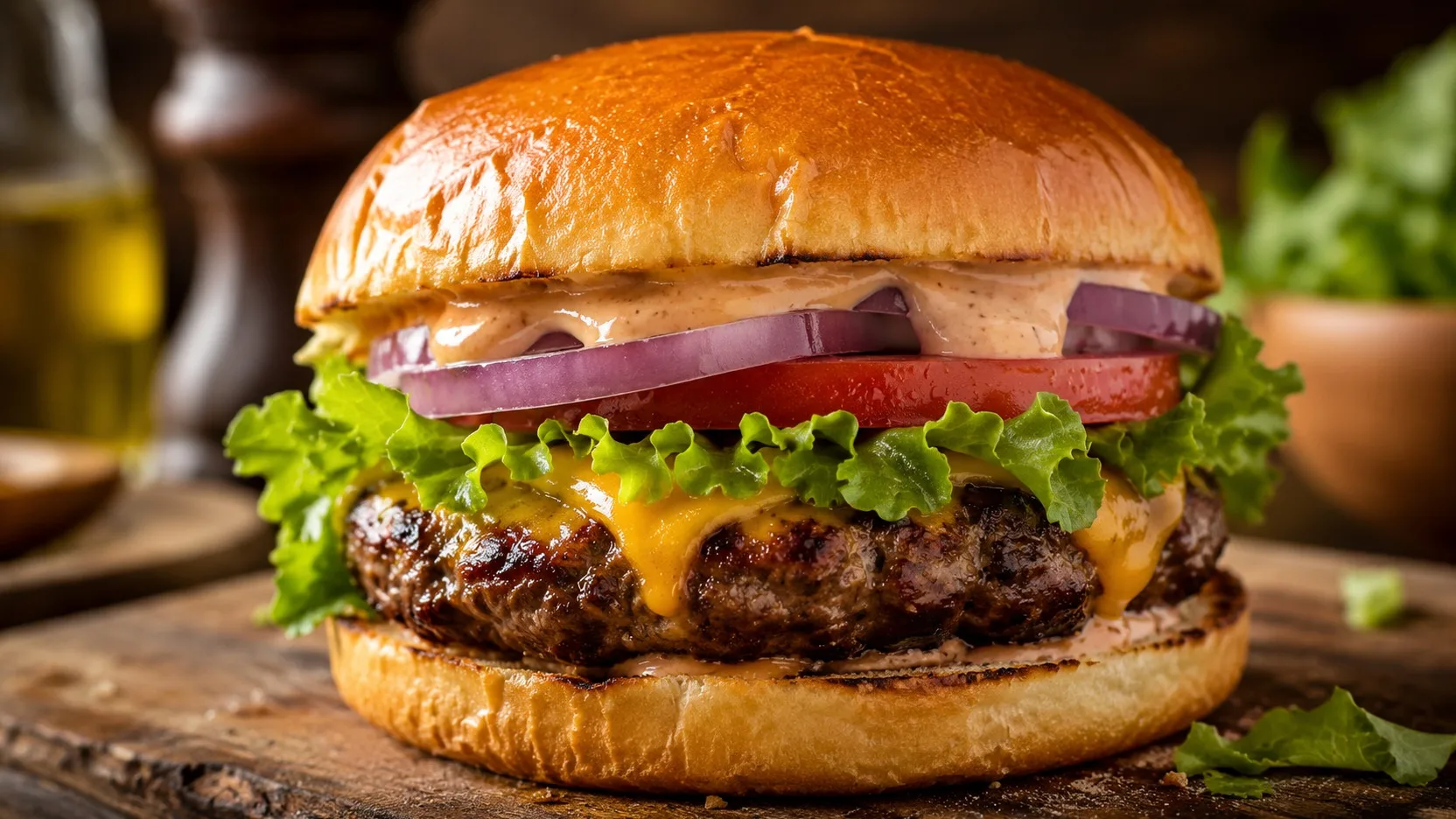 Hambúrguer caseiro de carne bovina com queijo derretido, alface, tomate, cebola roxa e molho em pão dourado, servido sobre tábua de madeira.