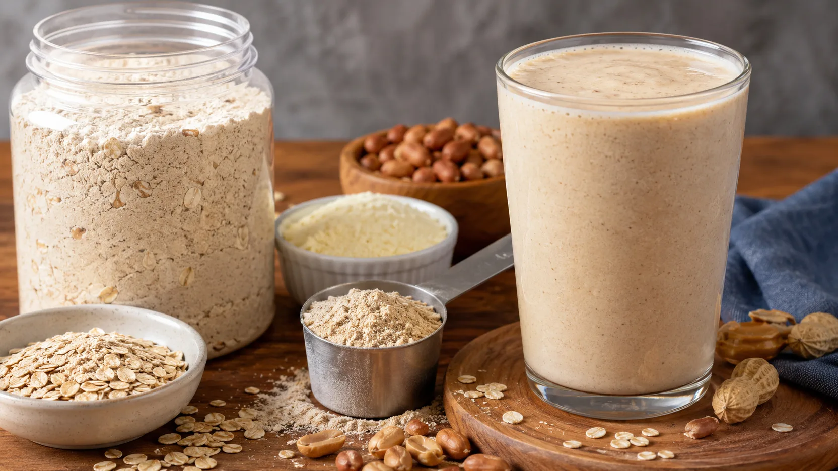 Shake bege cremoso em copo, ao lado de pote com mistura seca, aveia em flocos, leite em pó e amendoim sobre mesa de madeira.
