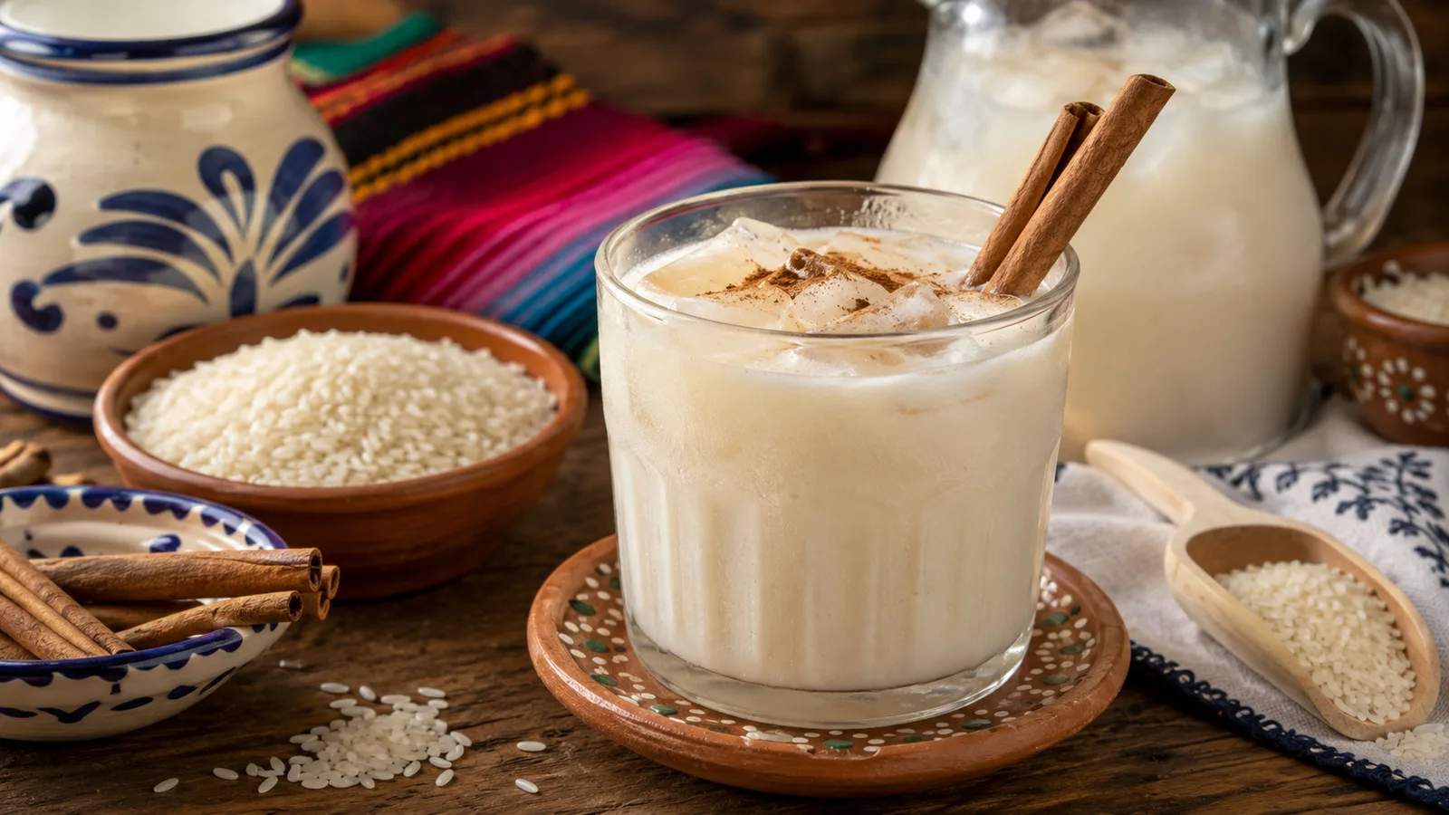 Copo de horchata mexicana de arroz com gelo e canela em pau, servido sobre mesa de madeira com arroz, canela e uma jarra da bebida ao fundo.