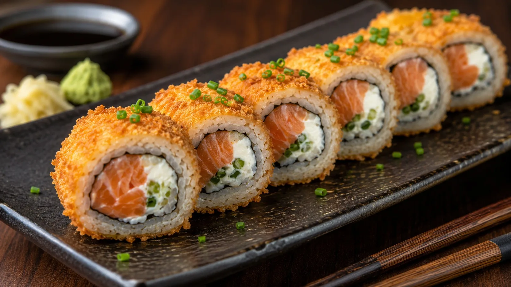 Hot rolls de salmão e cream cheese empanados e dourados, cortados em fatias sobre prato escuro, com cebolinha, shoyu, wasabi e gengibre ao fundo.