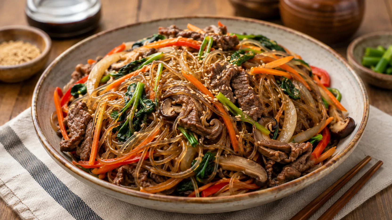 Tigela de japchae com dangmyeon translúcido, tiras de carne bovina, cenoura, pimentão vermelho, cogumelos, espinafre e gergelim.