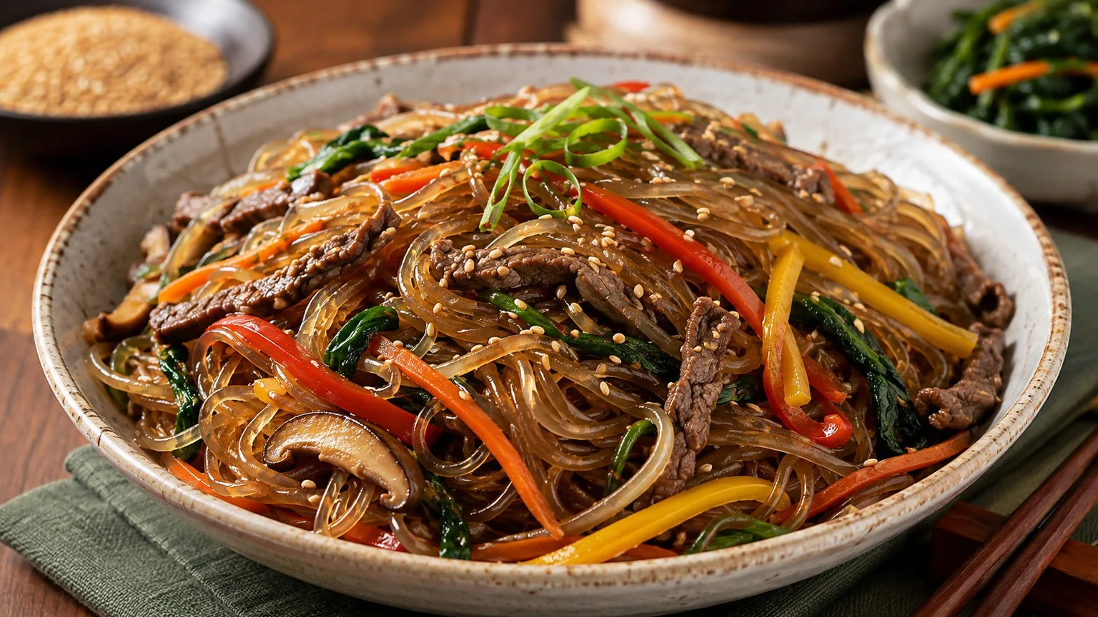 Japchae coreano em tigela de cerâmica, com dangmyeon brilhante, tiras de carne bovina, cenoura, pimentões vermelho e amarelo, espinafre, cogumelos, cebolinha e gergelim.