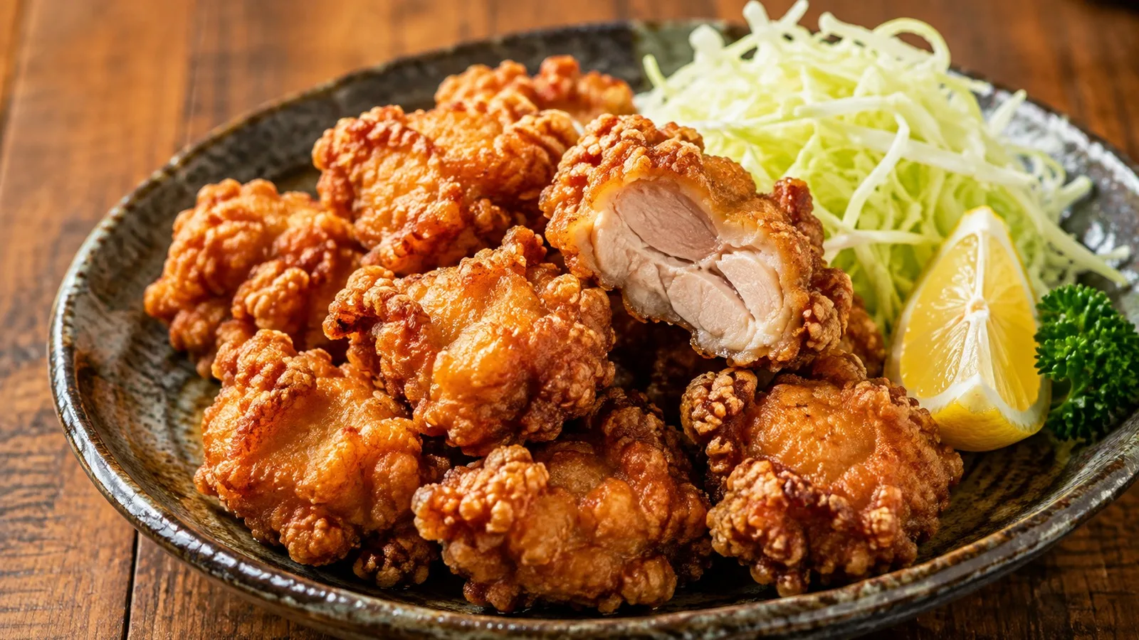 Karaage de sobrecoxa em pedaços dourados e crocantes, servido em prato escuro com repolho fatiado, limão e salsa.