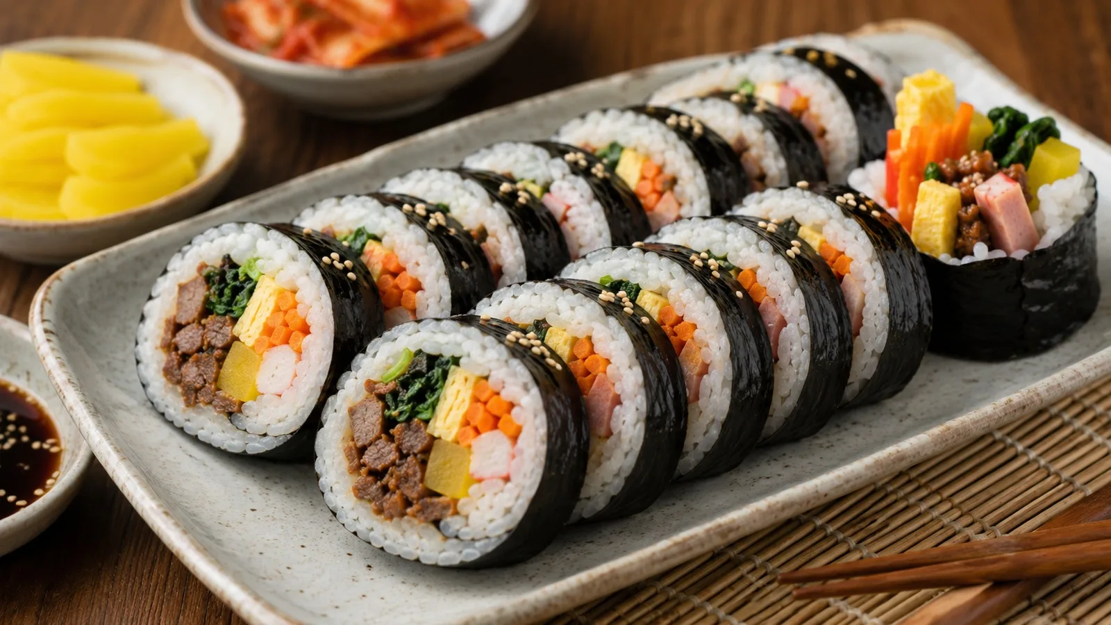 Fatias de kimbap coreano em prato de cerâmica, com arroz, alga, carne, ovo, cenoura, espinafre, danmuji e surimi, finalizadas com gergelim.