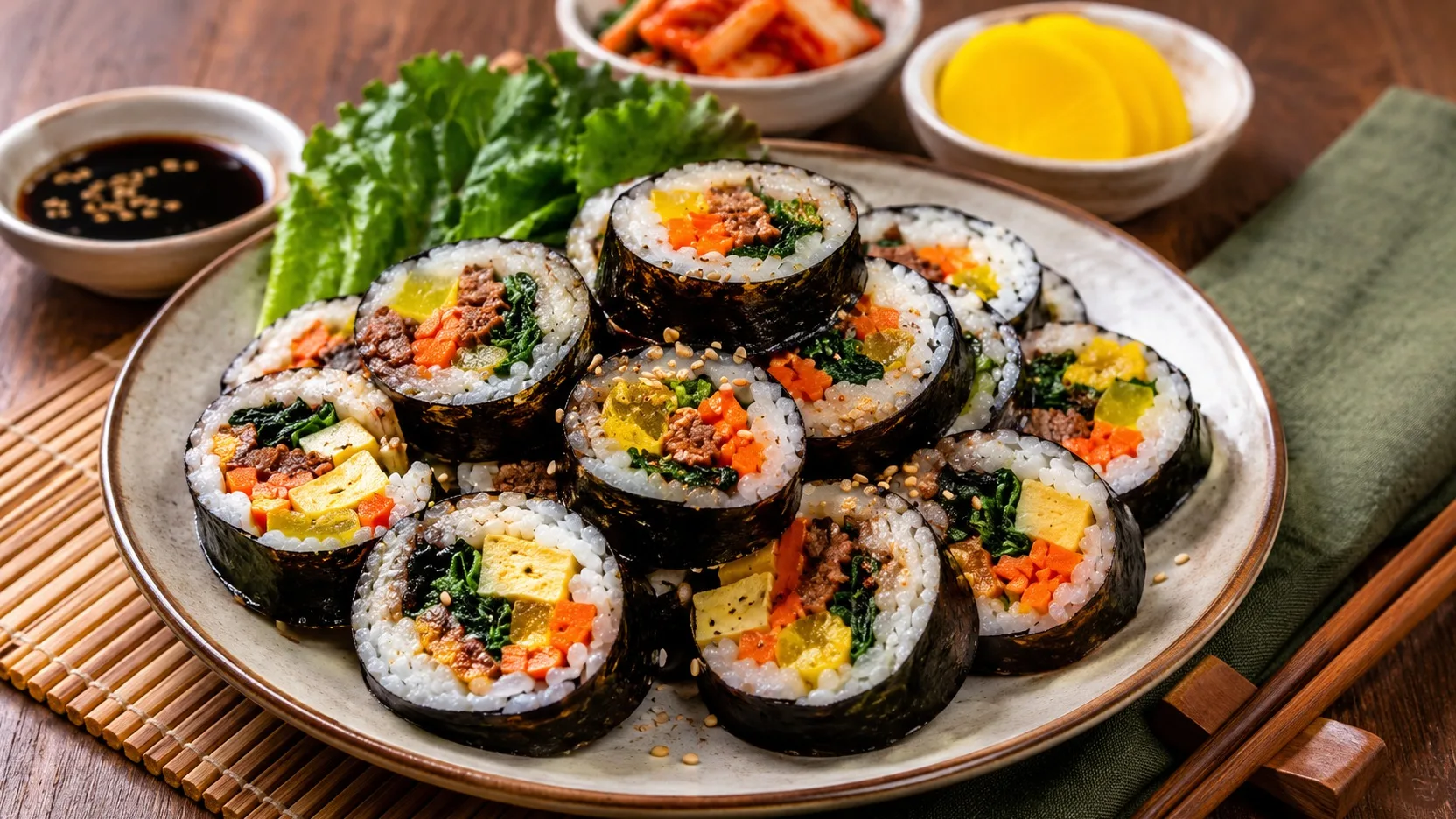 Fatias de kimbap coreano em prato de cerâmica, com arroz, carne, omelete, cenoura, folhas verdes e rabanete amarelo envoltos em nori, acompanhadas de kimchi e danmuji.