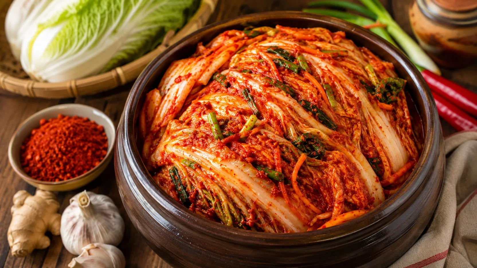 Baechu-kimchi em recipiente de cerâmica escura, com folhas de acelga cobertas por pasta vermelha de gochugaru, ao lado de acelga fresca, alho, gengibre, cebolinha e pimentas.