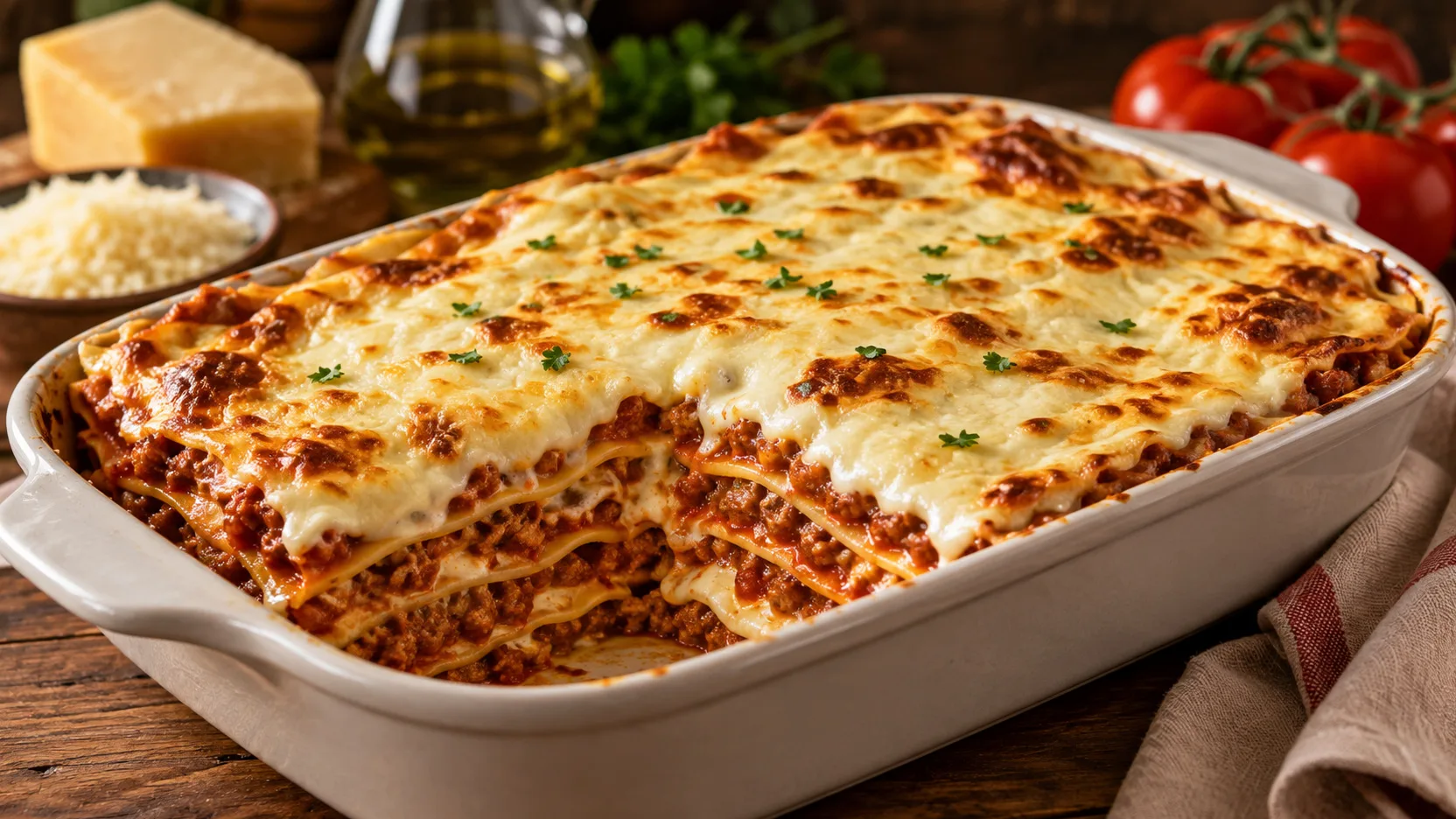 Lasanha à bolonhesa assada em travessa branca, com cobertura dourada e camadas visíveis de massa, ragù e besciamella.