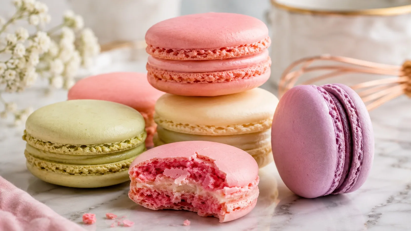 Macarons franceses em tons pastel sobre mármore, com cascas lisas e pés visíveis; um macaron rosa aberto mostra o interior e o recheio.
