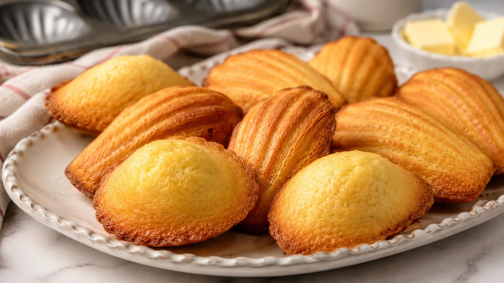 Madeleines francesas douradas em prato de cerâmica, algumas exibindo barriga alta e outras o desenho de concha, com forma metálica ao fundo.