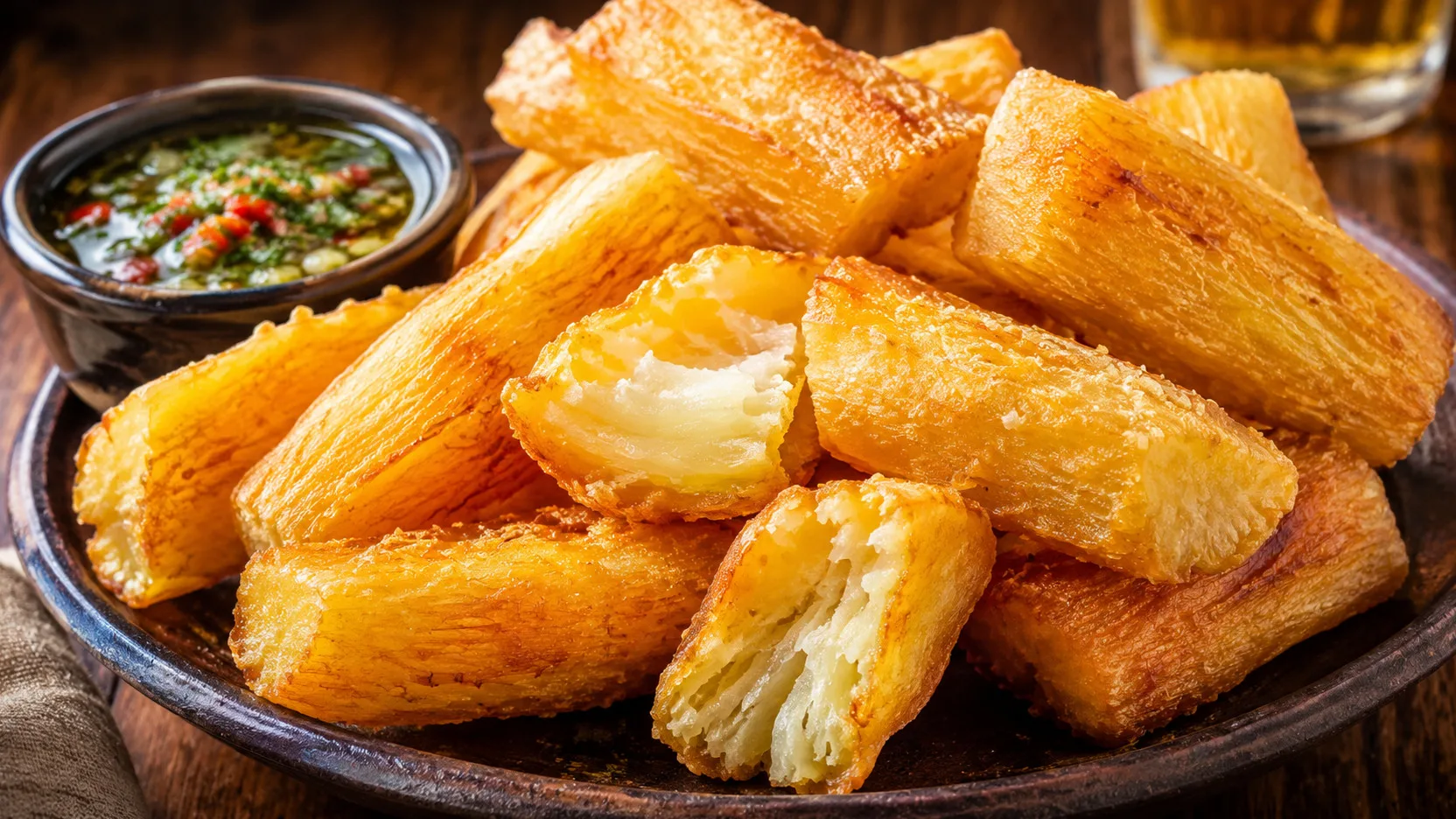 Prato de mandioca frita em bastões grossos, dourados e crocantes, com pedaços abertos mostrando o interior macio, acompanhado de molho de ervas.