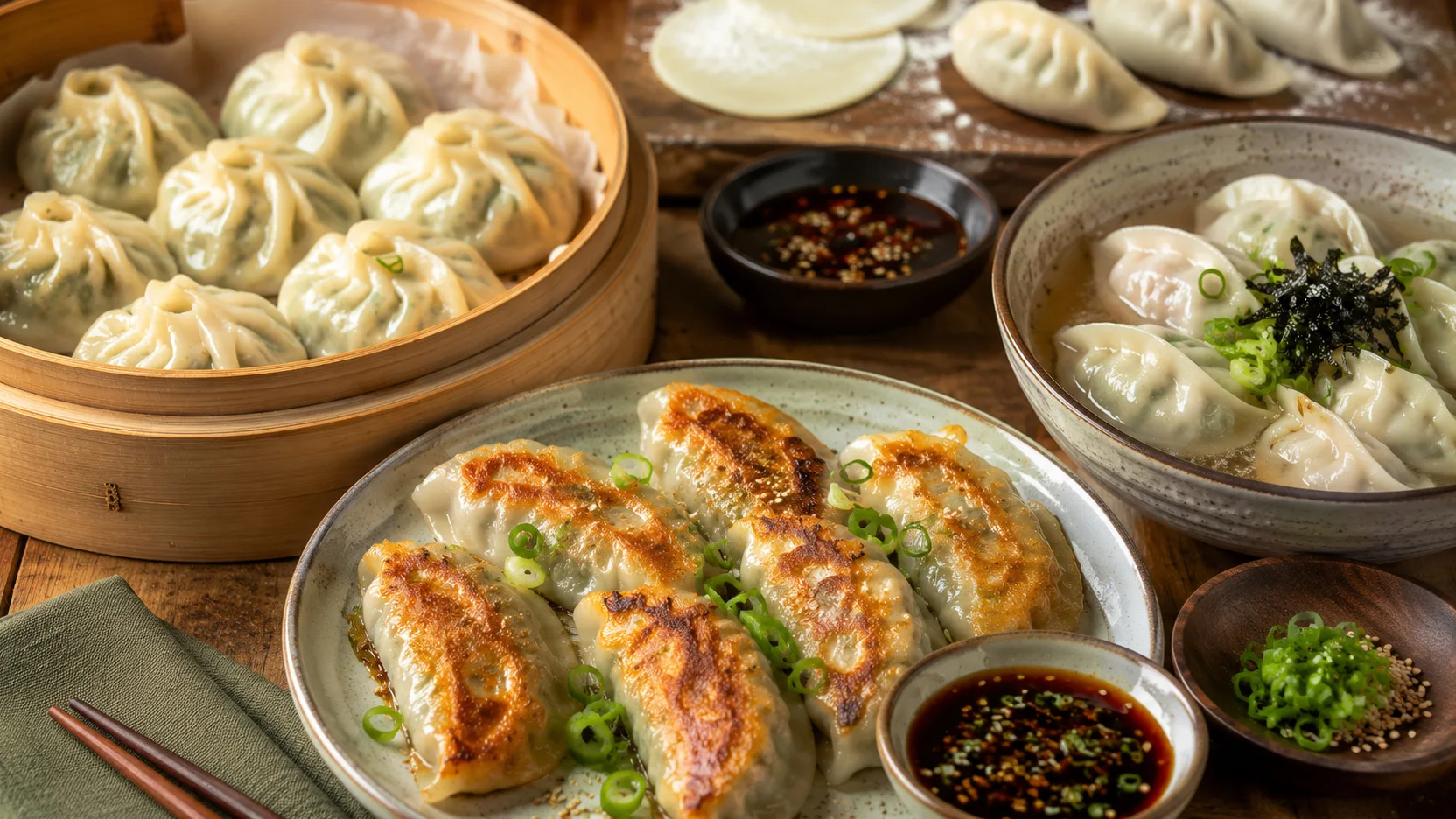 Mandu coreano caseiro em três apresentações, com dumplings dourados na frigideira, mandu cozidos no vapor em cesta de bambu e mandu servidos em caldo, acompanhados de molho de soja.