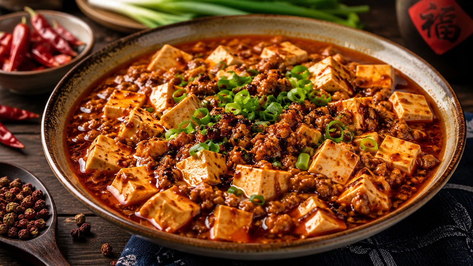 Mapo tofu de Sichuan em tigela de cerâmica, com cubos de tofu, carne moída, molho vermelho picante, cebolinha e pimenta-de-Sichuan.