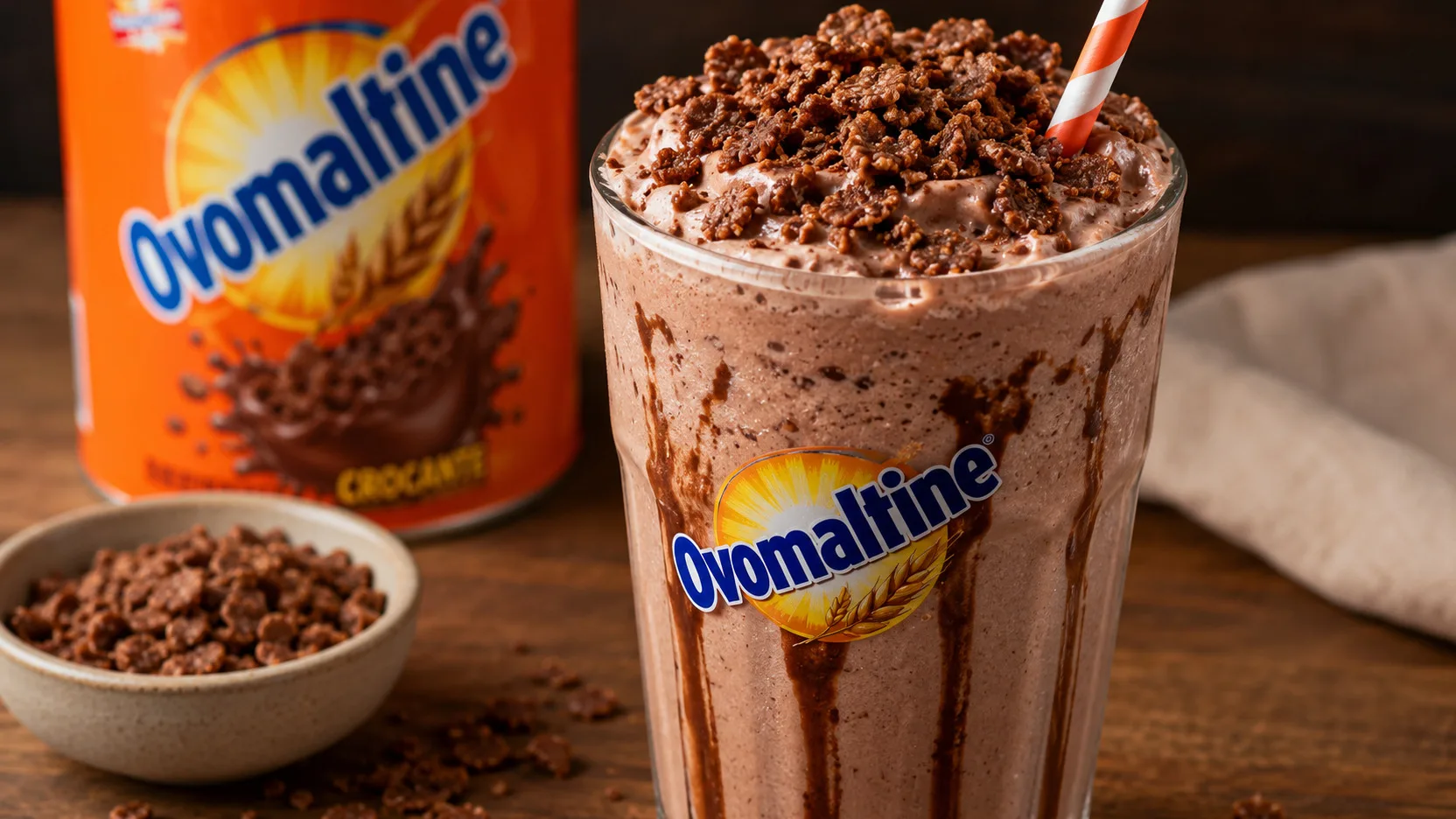 Milk-shake de Ovomaltine espesso em copo alto, com calda de chocolate e flocos crocantes por cima, ao lado da embalagem de Ovomaltine e de uma tigela com flocos.