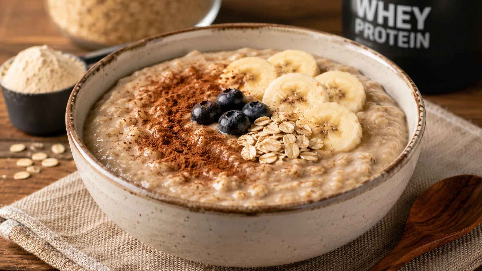 Tigela de mingau de aveia proteico com whey, cremoso, coberto com banana, mirtilos, aveia em flocos e canela, com whey em pó ao lado.
