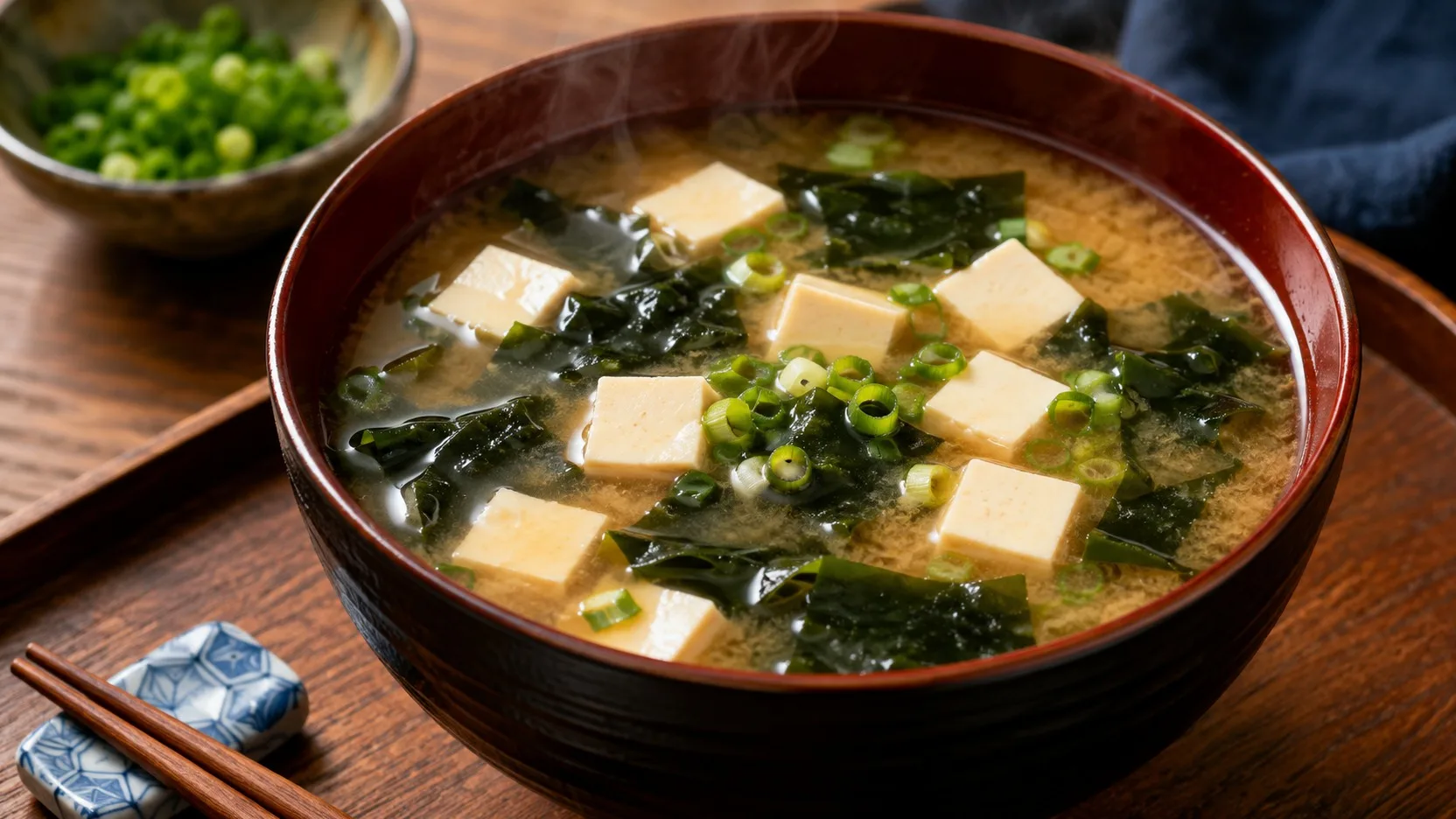 Tigela de missoshiro fumegante com cubos de tofu, wakame e cebolinha sobre mesa de madeira.