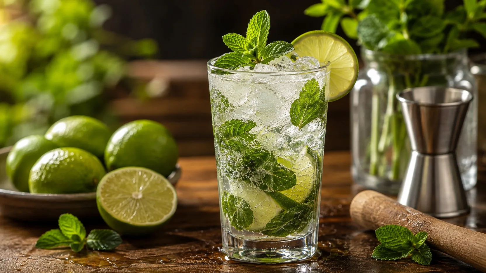 Mojito clássico em copo alto com gelo, limão, hortelã e borbulhas, sobre bancada de madeira, com limões, hortelã e utensílios de bar ao fundo.