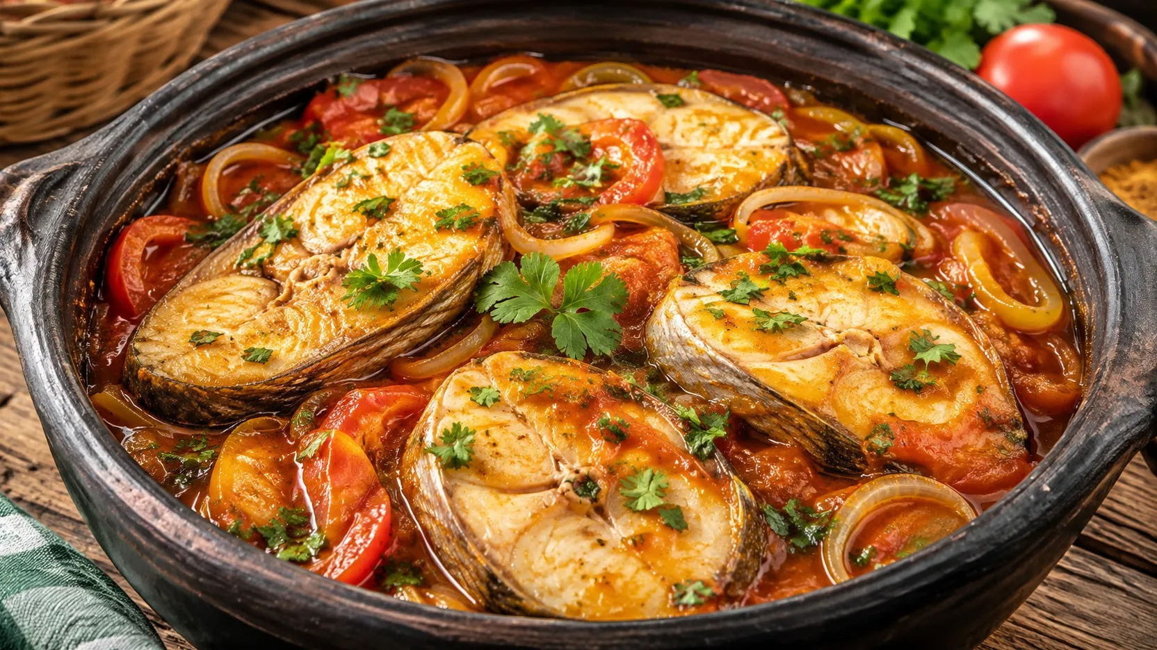 Moqueca capixaba de peixe em postas inteiras, com tomate, cebola e coentro, servida em panela de barro escura.