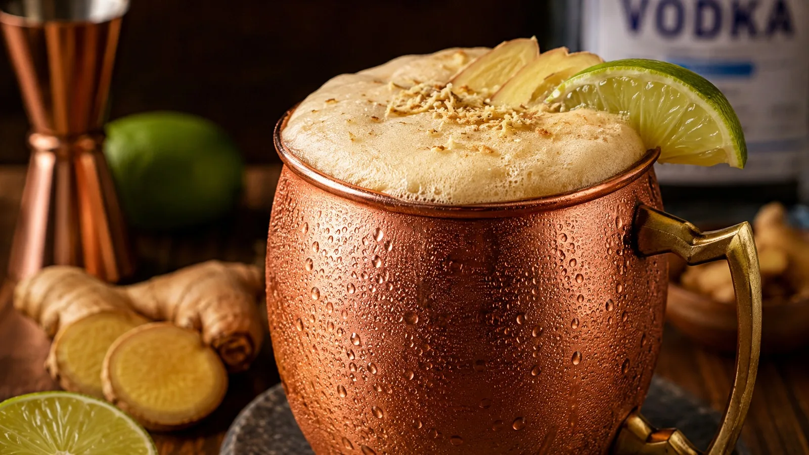 Moscow Mule em caneca de cobre gelada, coberto por espuma de gengibre e finalizado com fatias de gengibre e limão, sobre balcão de madeira.