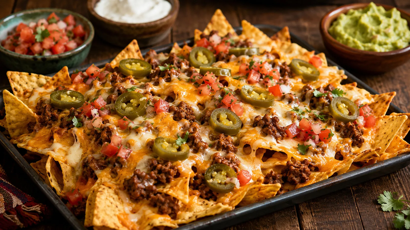 Assadeira de nachos com tortilla chips, carne moída, queijo derretido, jalapeños e pico de gallo, com guacamole e creme ao fundo.