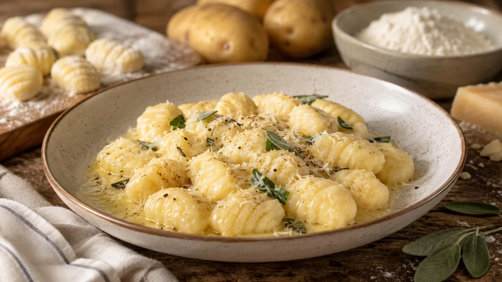 Nhoque de batata dourado em prato raso, servido com manteiga, sálvia, parmesão e pimenta, com batatas e nhoques crus ao fundo.