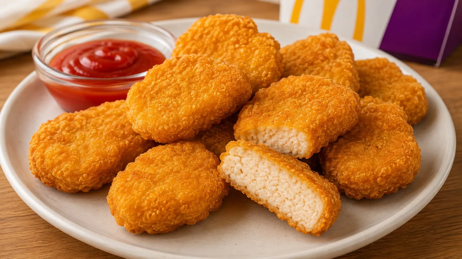 Nuggets caseiros dourados em um prato, com casquinha fina e crocante, alguns cortados ao meio mostrando o interior uniforme de frango, acompanhados de ketchup.