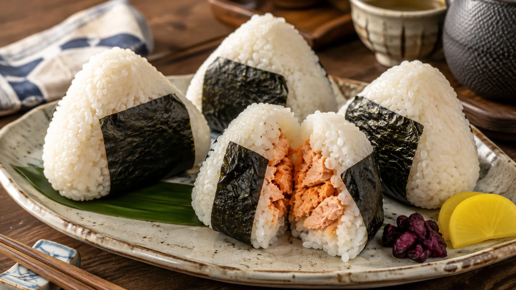 Cinco onigiri triangulares de arroz japonês com faixas de nori em prato de cerâmica, com um onigiri aberto ao centro mostrando recheio de salmão.