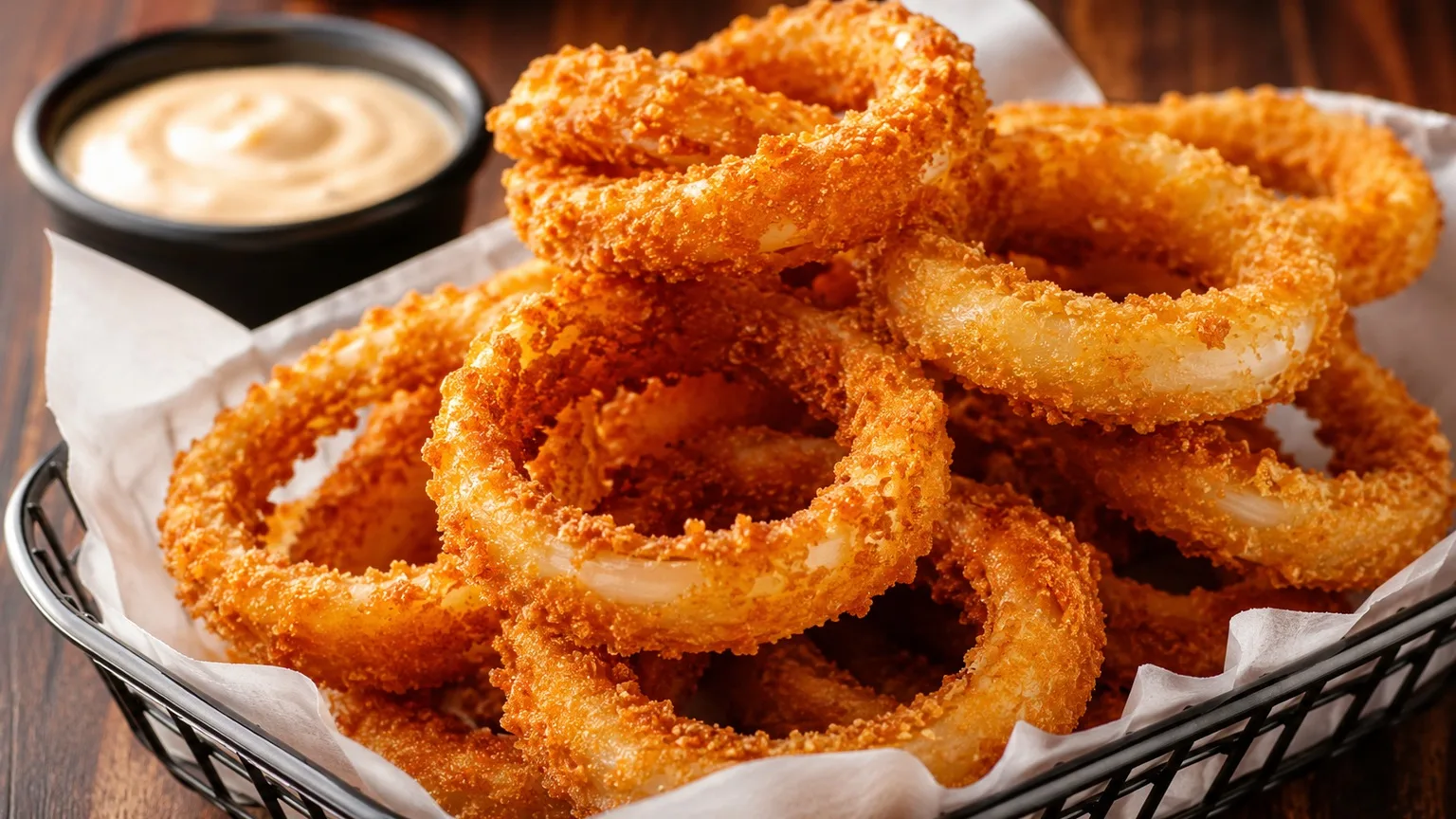 Porção de onion rings dourados e crocantes empilhados em cesta preta com papel branco, servidos com molho cremoso ao fundo sobre mesa de madeira.