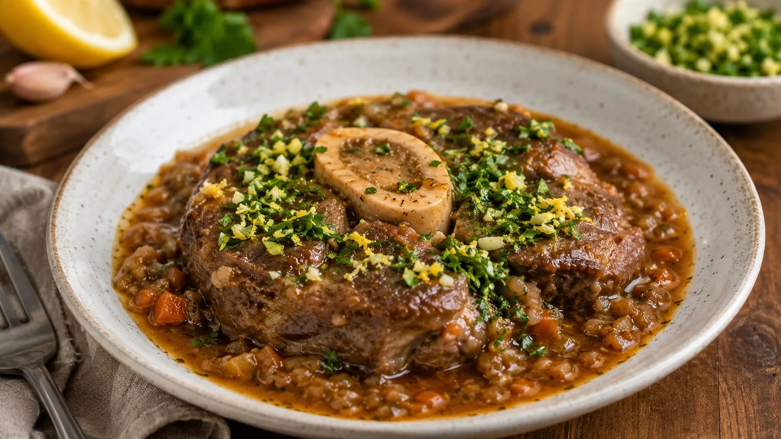 Ossobuco braseado em prato claro, com osso e tutano ao centro, molho encorpado e gremolata de salsa, limão e alho por cima.