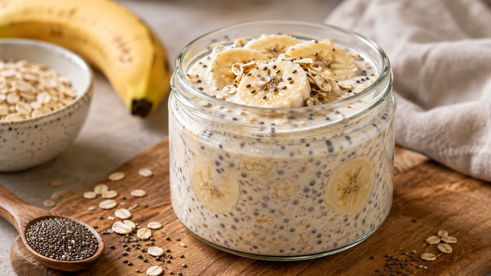 Pote de overnight oats cremoso com banana e chia, coberto com rodelas de banana, aveia em flocos e sementes de chia sobre tábua de madeira.