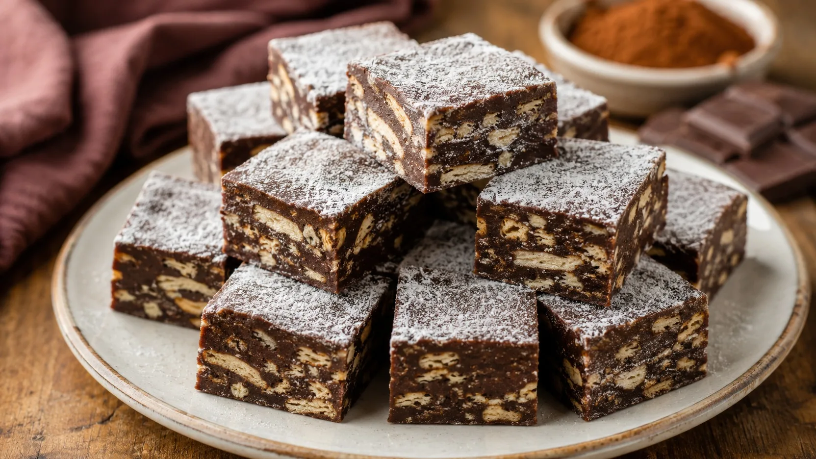 Quadrados de palha italiana de chocolate empilhados em prato claro, com pedaços de biscoito visíveis e fina camada de açúcar por cima.