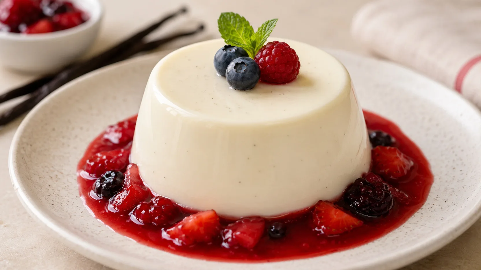 Panna cotta de baunilha desenformada em prato claro, com superfície lisa e pontos de baunilha, frutas vermelhas, mirtilos e hortelã, servida com calda vermelha de frutas ao redor.