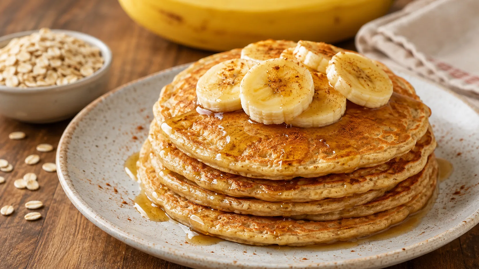Pilha de panquecas douradas de banana e aveia com rodelas de banana e canela, em prato claro, com aveia em flocos ao fundo.
