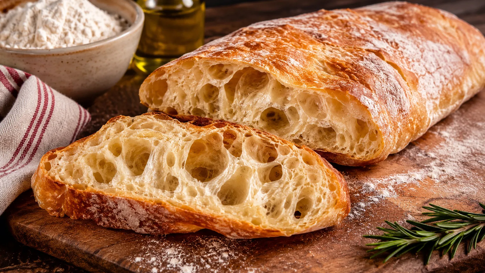 Ciabatta caseira dourada cortada sobre tábua de madeira, exibindo miolo com grandes alvéolos irregulares, com farinha, azeite, pano listrado e alecrim ao fundo.