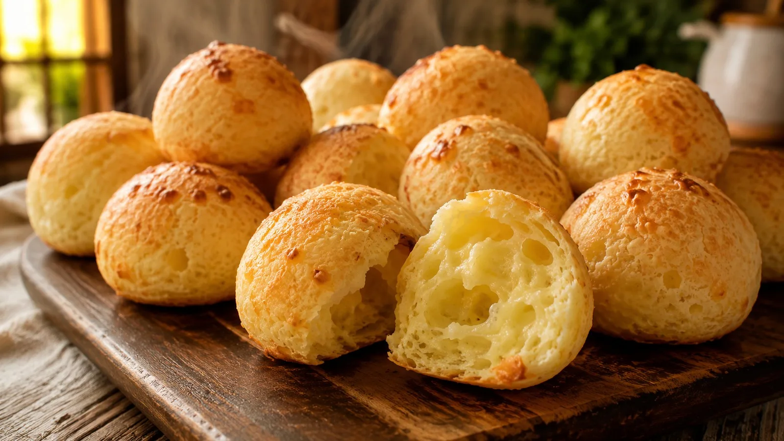 Pães de queijo caseiros dourados e bem crescidos sobre tábua de madeira, com um pão aberto mostrando o miolo aerado e elástico.