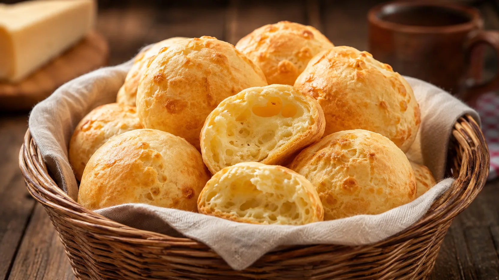 Cesta de pães de queijo mineiros dourados, com unidades abertas mostrando miolo aerado e elástico, sobre mesa de madeira.