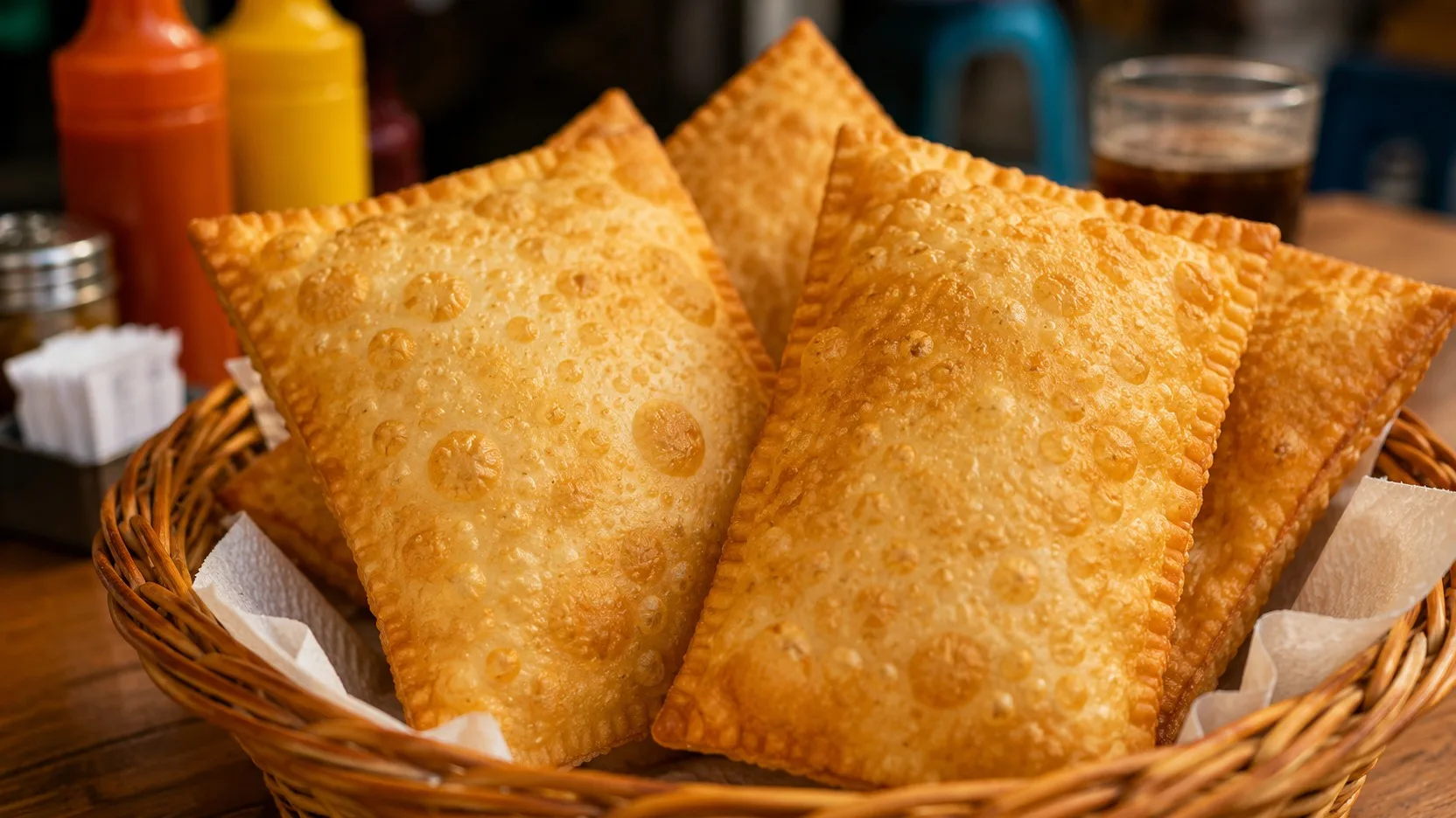 Cesta de pastéis de feira dourados e crocantes, com massa fina cheia de bolhas, sobre mesa de madeira.