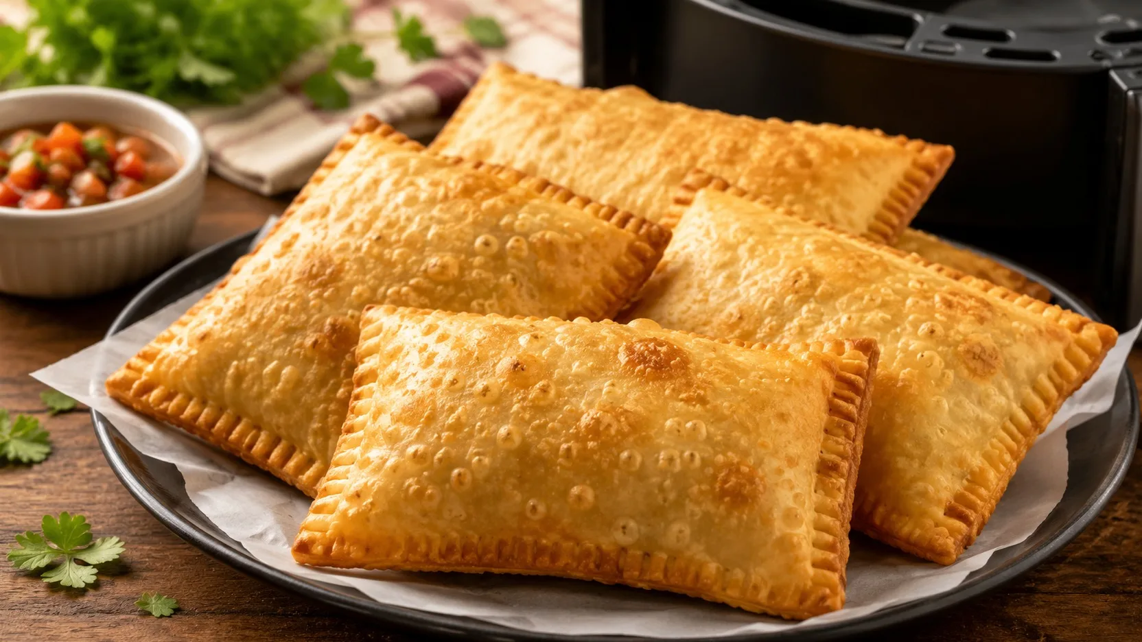 Pastéis retangulares dourados e crocantes sobre prato escuro com papel, com uma Air Fryer desfocada ao fundo.