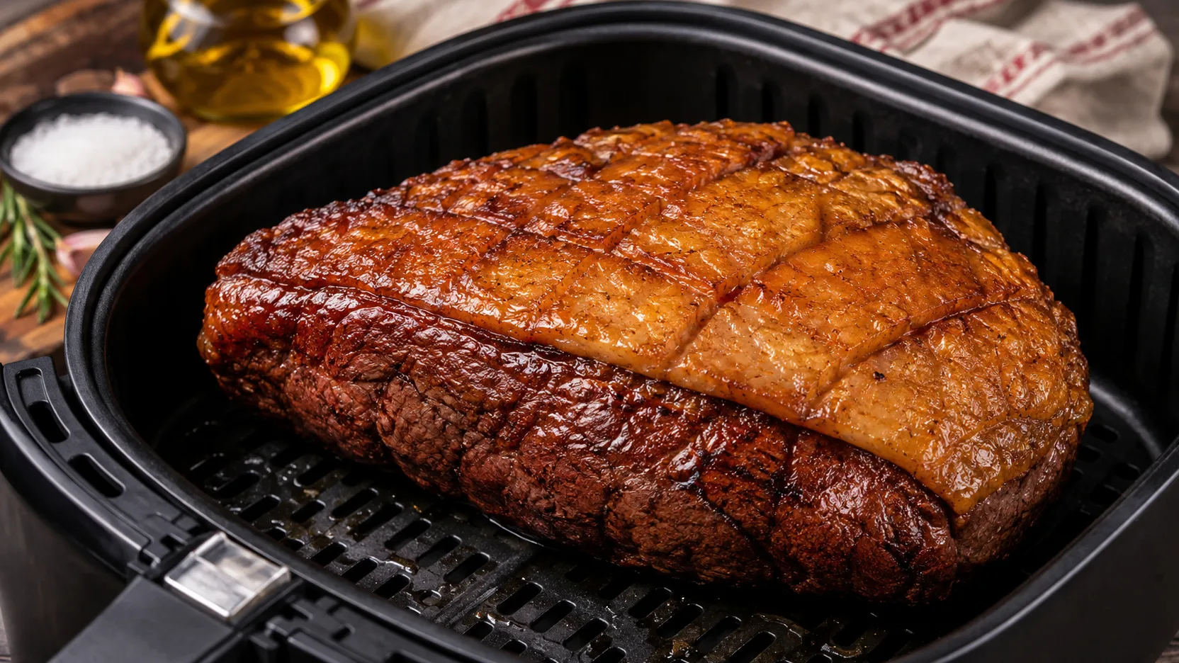 Picanha inteira dourada dentro do cesto de uma Air Fryer, com capa de gordura quadriculada e caramelizada.