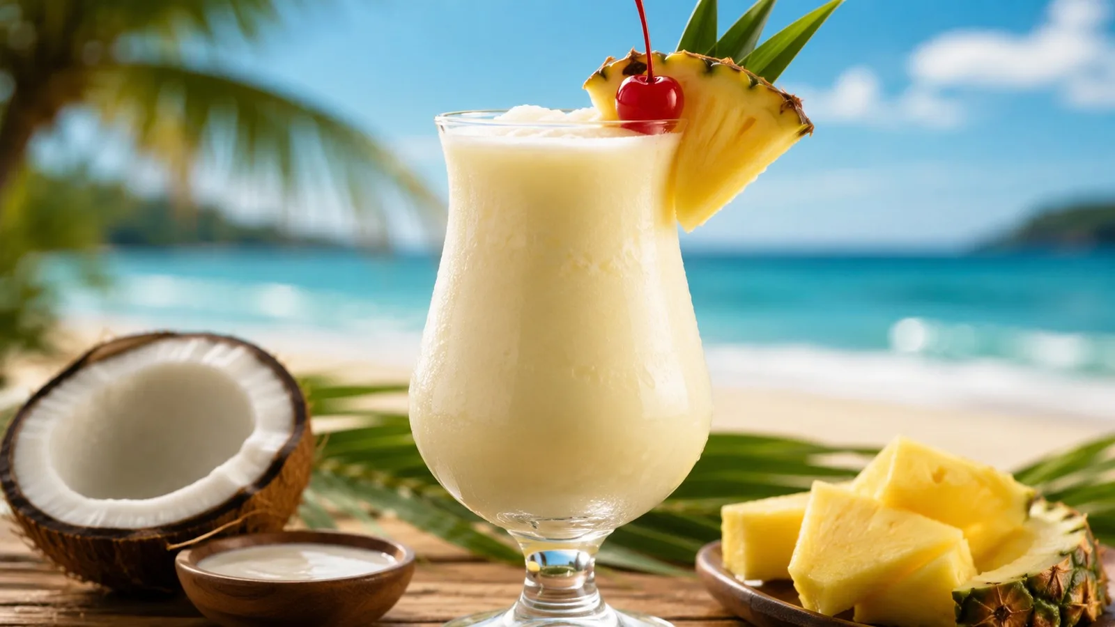 Piña Colada cremosa em taça hurricane, decorada com fatia de abacaxi e cereja, diante de cenário tropical com coco e pedaços de abacaxi.