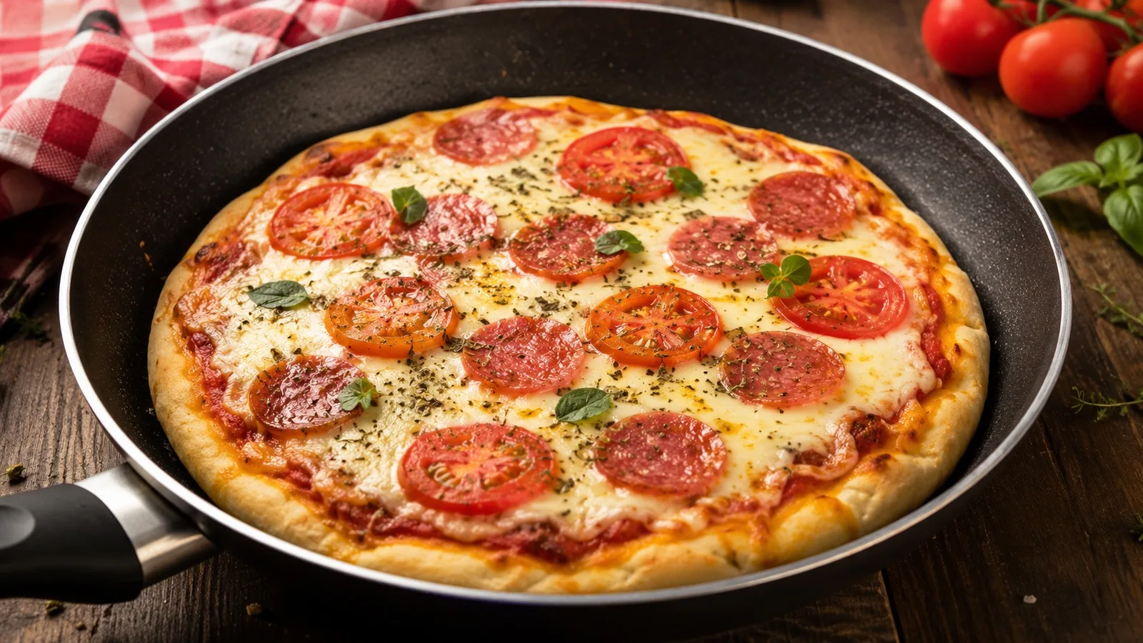 Pizza de frigideira dourada com muçarela derretida, rodelas de salame e tomate, orégano e folhas de manjericão, servida na própria frigideira.