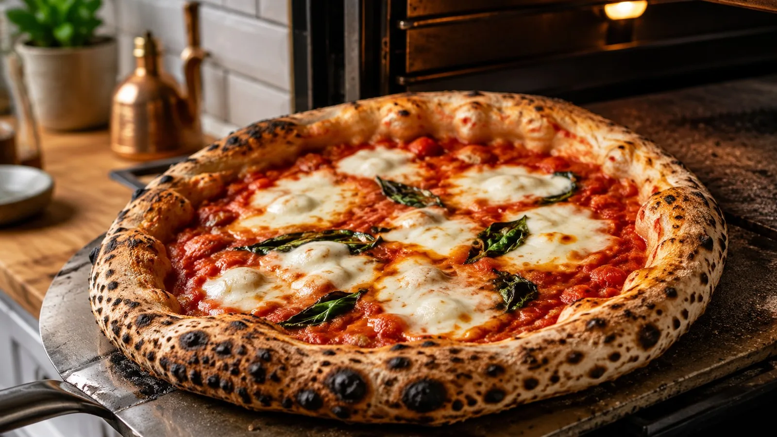 Pizza de perfil napolitano assada junto a um forno doméstico, com cornicione alto e tostado, molho de tomate, mozzarella derretida e folhas de manjericão sobre uma pá de pizza.